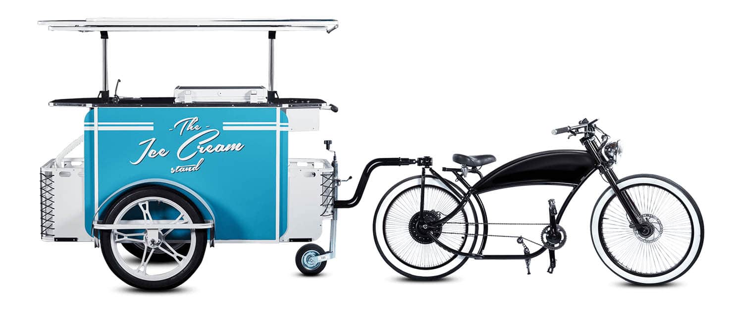 Ice cream bike with detachable ice cream cart and electric bike manufactured by Bizz On Wheels in EU