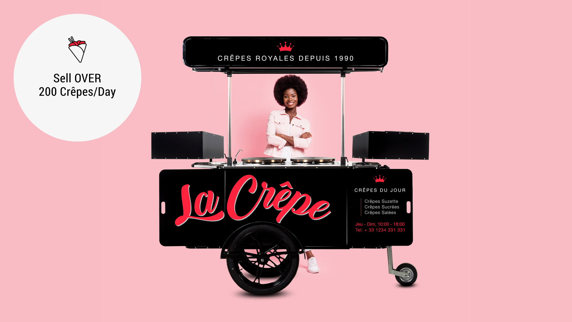 Mobile pop up crepe cart on wheels by Bizz On Wheels
