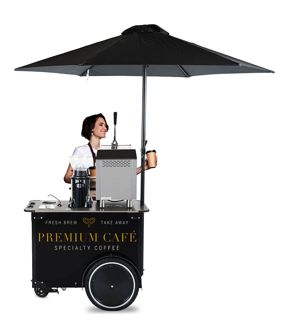 Mobile medium sized coffee cart with umbrella