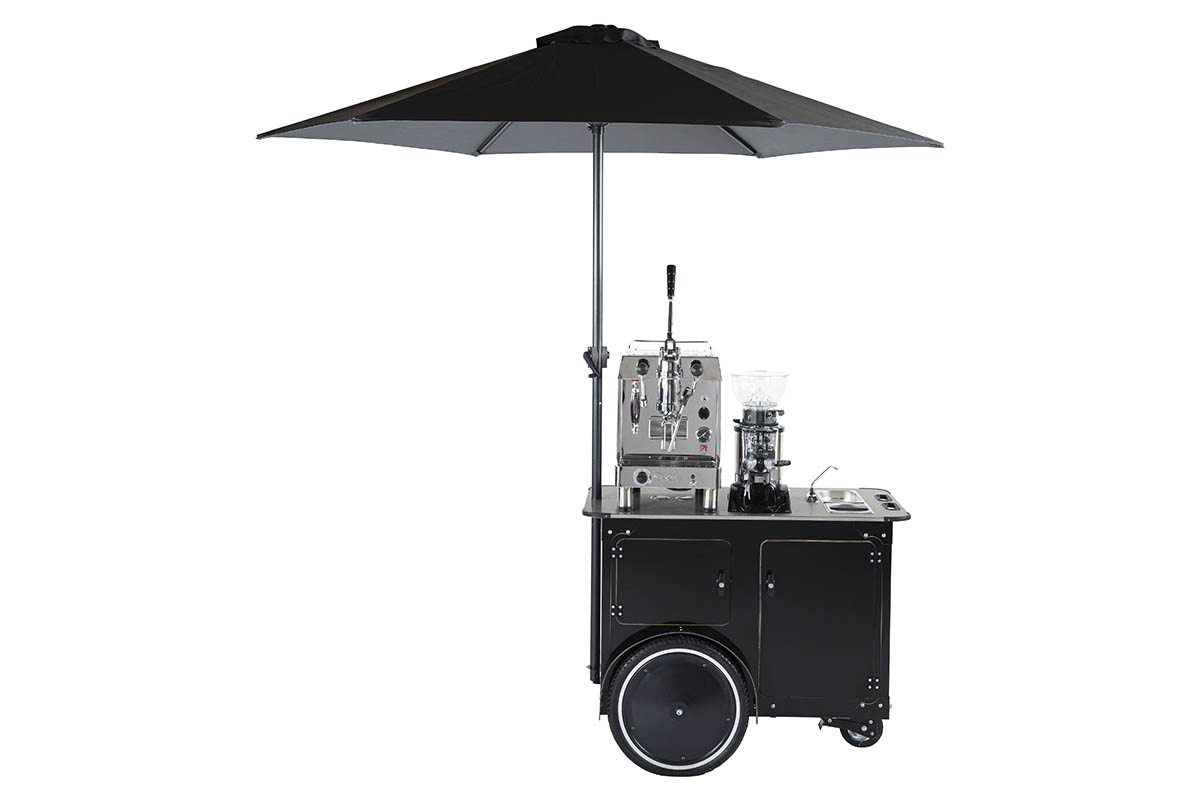 Mobile coffee cart with umbrella and equipment not included