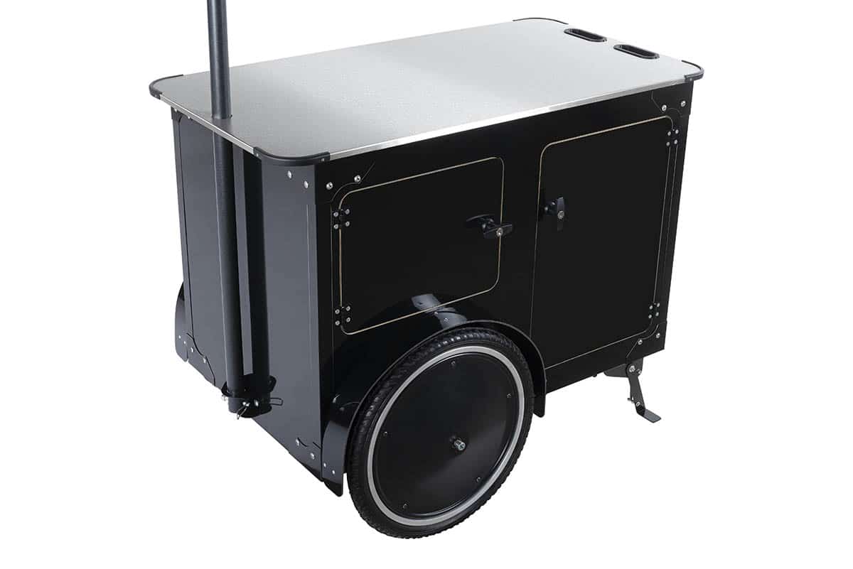Small vending cart with stainless steel countertop and interior storage